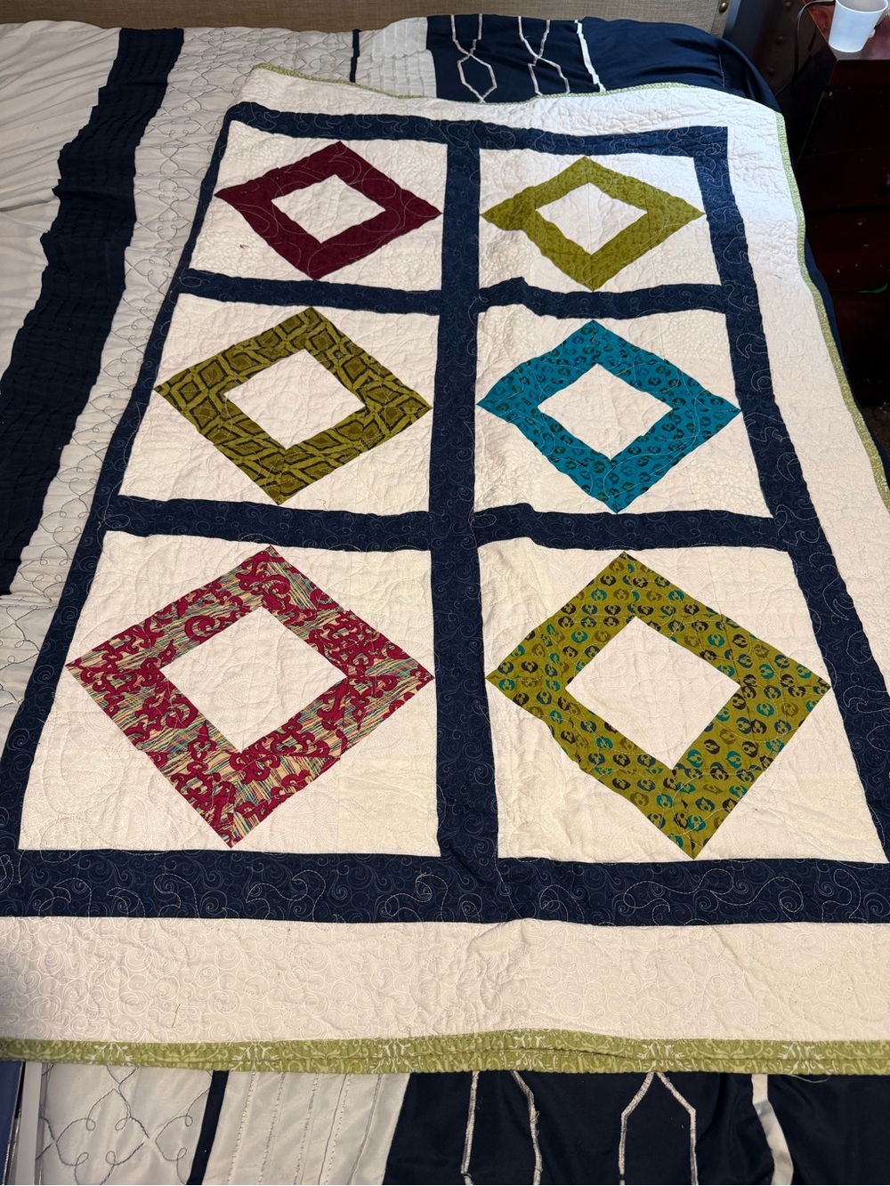 Handmade Geometric Patchwork Quilt in White with Multicolor Diamonds